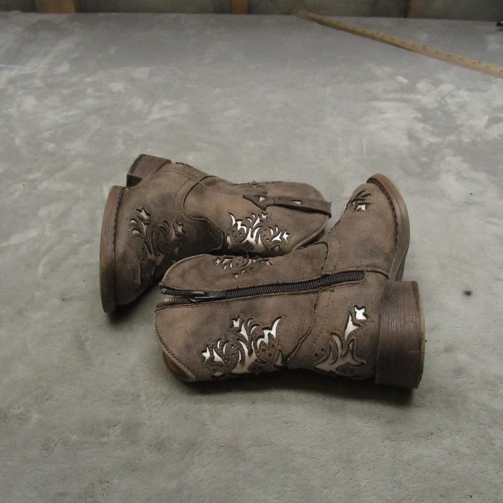Roper Toddlers 7 Lola Cowboy Boots Brown Faux Leather‎ Western Side Zip Square